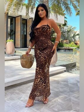Fashion Nova Dress Womens M Brown Leopard Print Cowl Neck Maxi Slip Party